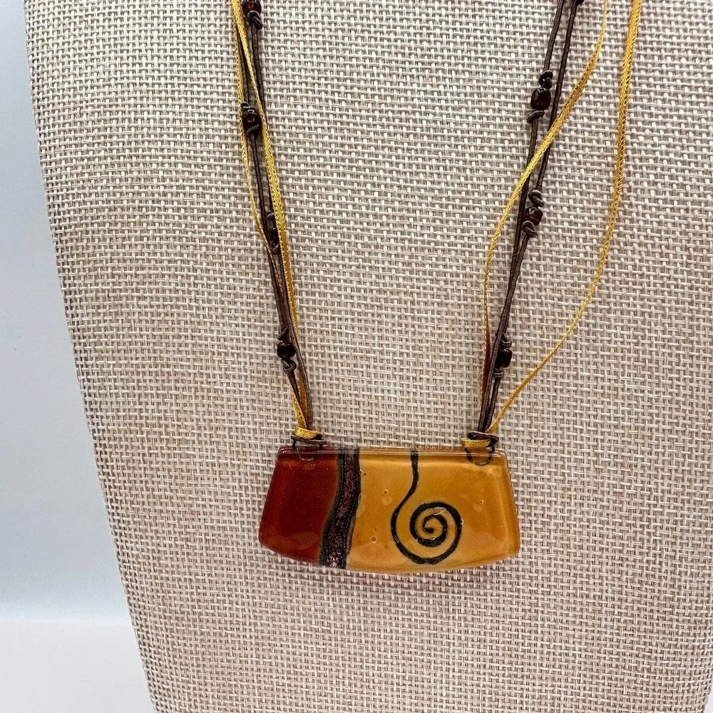 Vintage 90s Earth Tone Fused Glass Necklace Earrings Set Boho‎ Fashion Jewelry